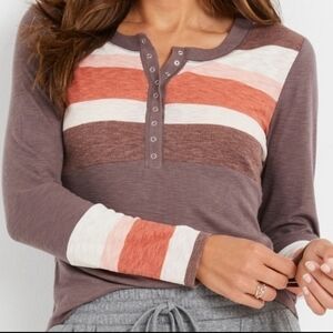 Maurices Brown Henley Long Sleeve Tee with Pink, Rust, and Off-white Stripes NWT